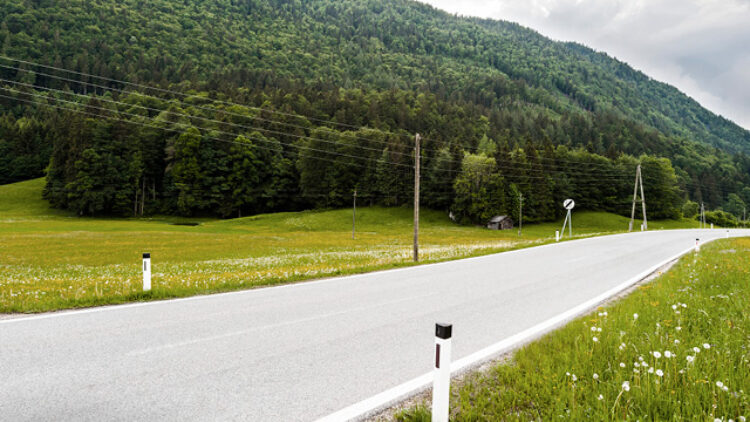 Landstraße durch Wiesen und Wald als Symbol für den Wegeerhaltungsverband Hausruckviertel